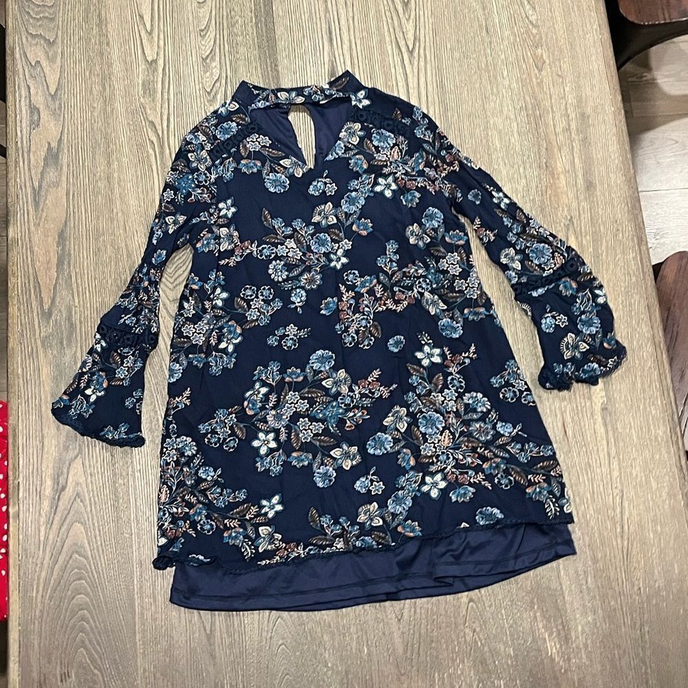 Altar'd State Womens M A-Line Dress Boho Floral Choker Neckline Bell Sleeve Blue